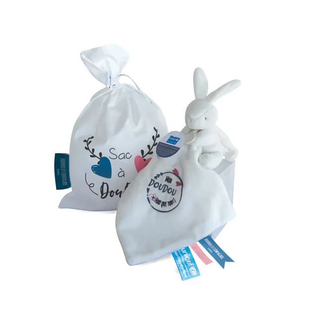 doudou-et-compagnie-sac-doudou-lapin-unicef-blanc-10-cm image 1