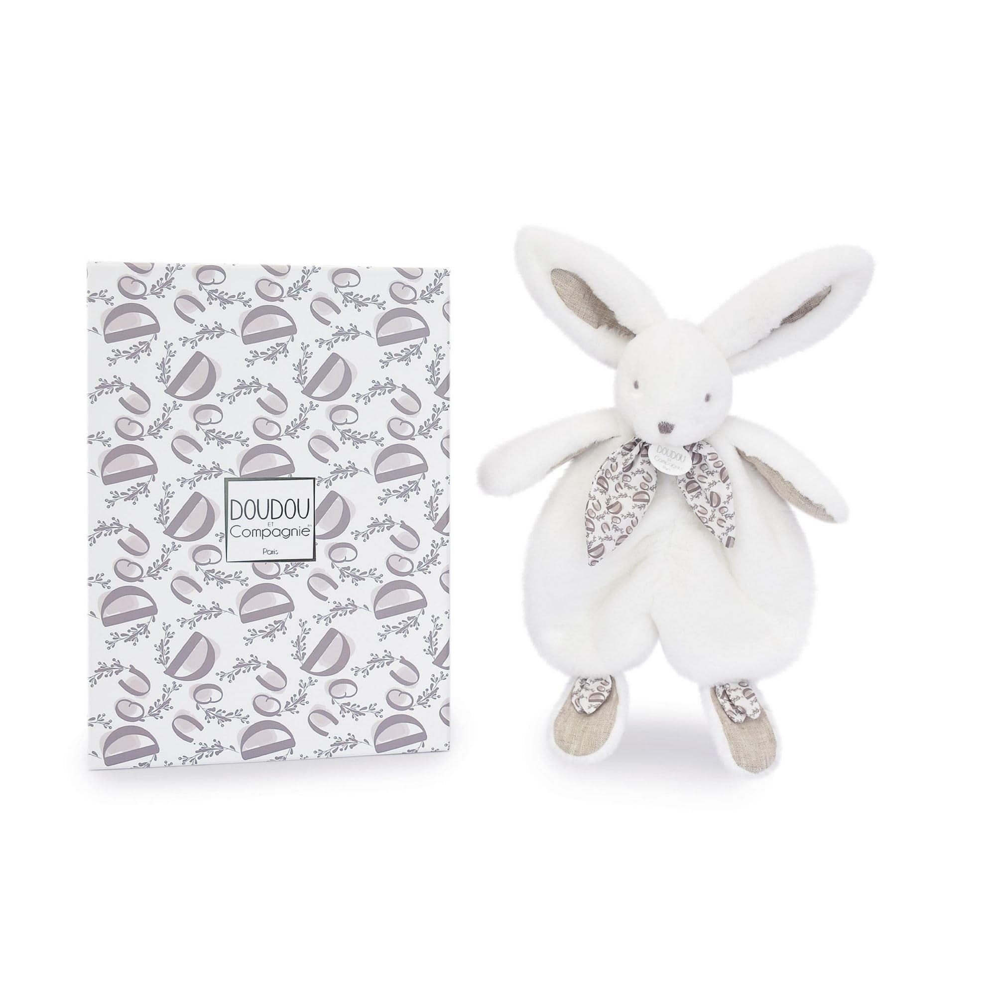 doudou-et-compagnie-lapin-doudou-plat-blanc-30-cm-foulard image 1