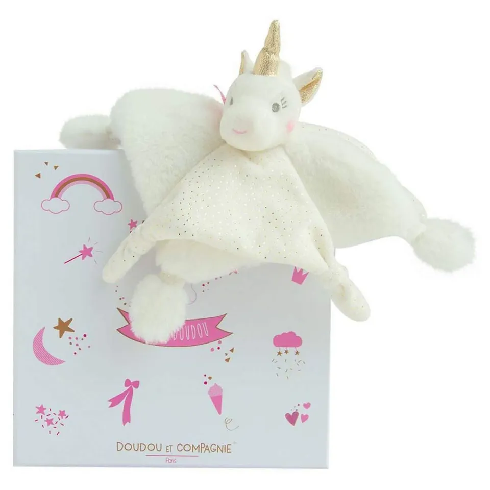 doudou-et-compagnie-lucie-la-licorne-doudou-plat-blanc-or-22-cm image 1
