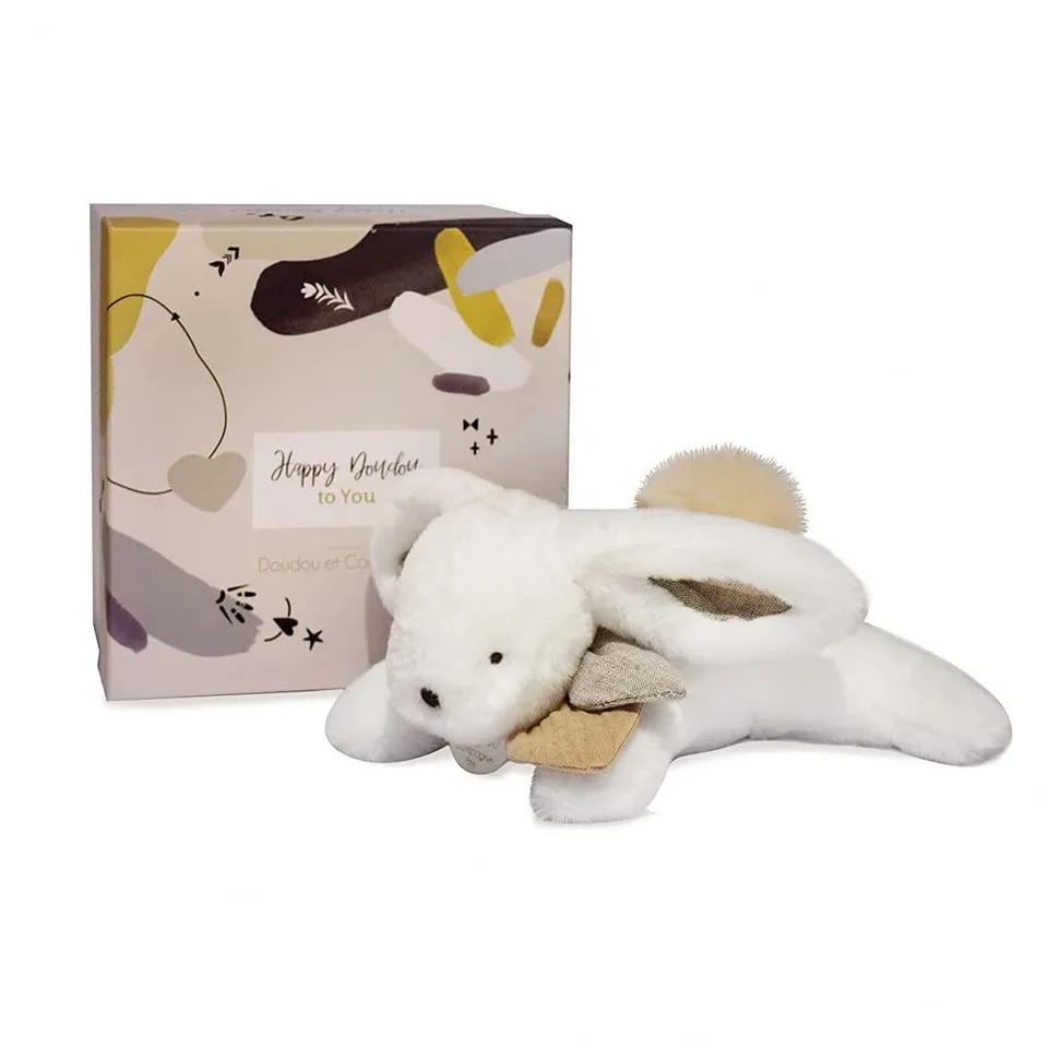 doudou-et-compagnie-happy-doudou-lapin-beige-pompon-naturel image 1