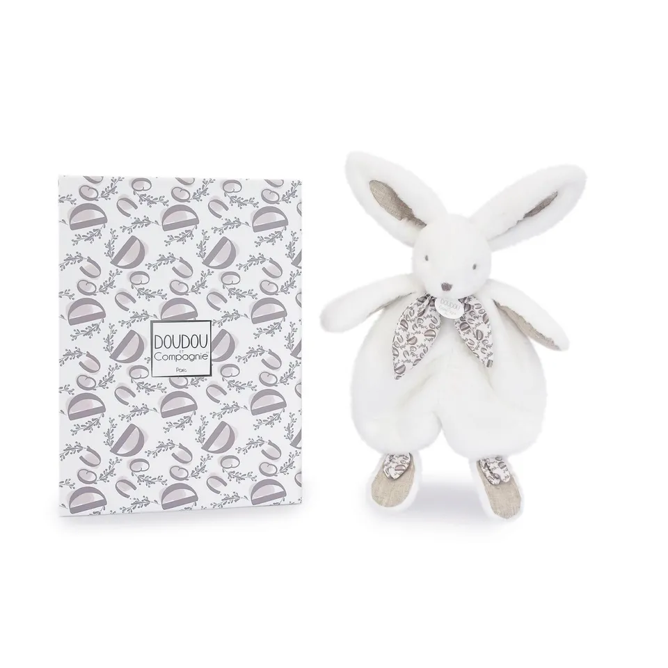 doudou-et-compagnie-lapin-doudou-plat-blanc-30-cm-foulard image 1